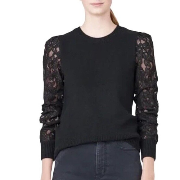 REBECCA TAYLOR Wool Alpaca Blend Sweater with Lace Shoulder Detail Black Size S - Picture 1 of 6